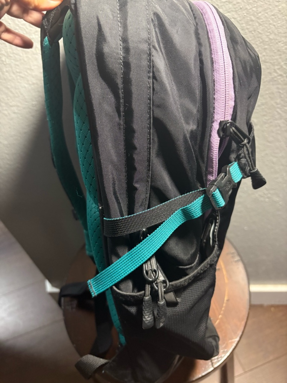 The North Face Black Backpack with Teal Logo and Lavender Bungee - Picture 2 of 6